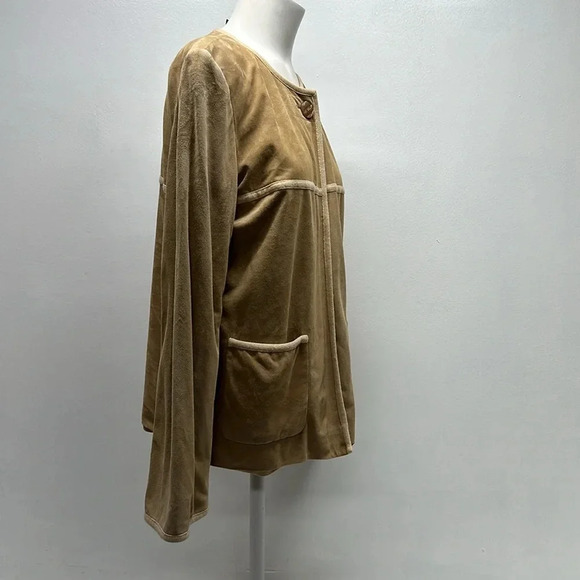 St John Suede Leather Coat Jacket Cashmere Lined Pockets Tan Beige Womens Size 8 - Picture 6 of 11